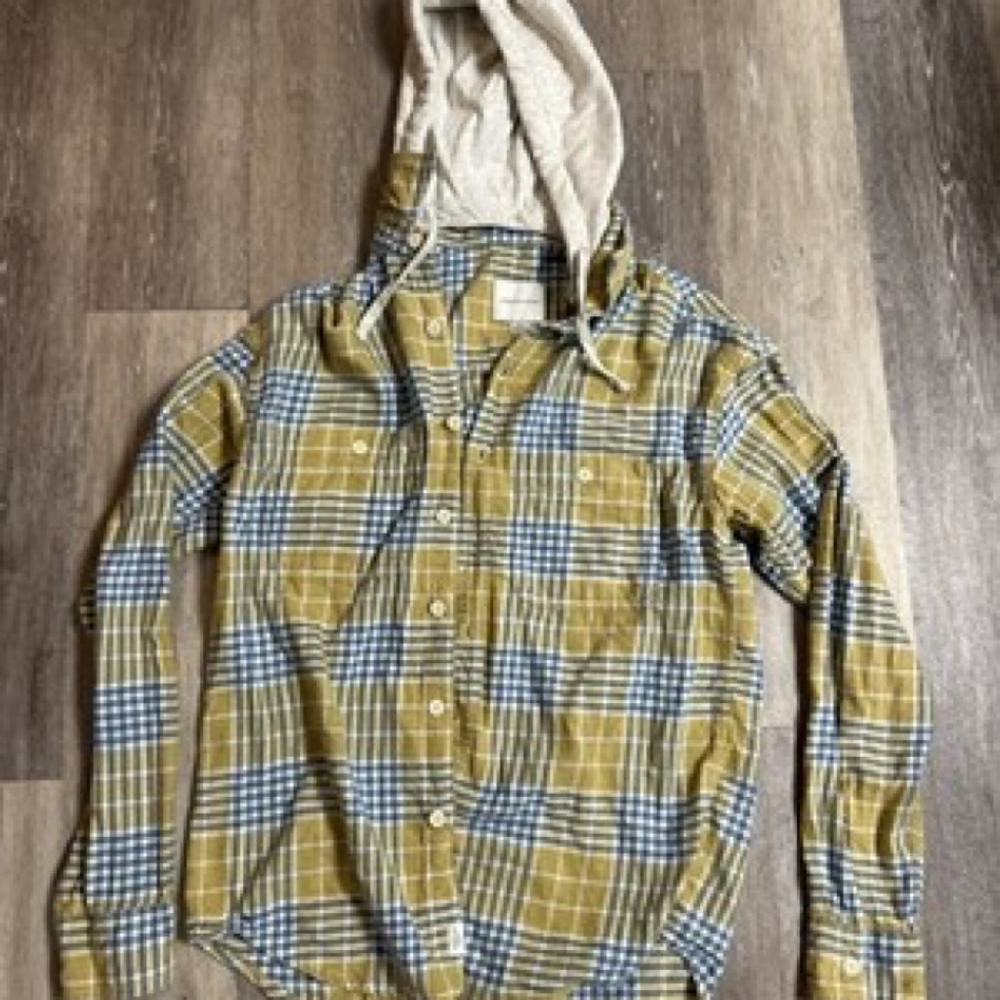 American Eagle Jacket Mens XS Yellow Hoodie Drawstring Plaid Button Up